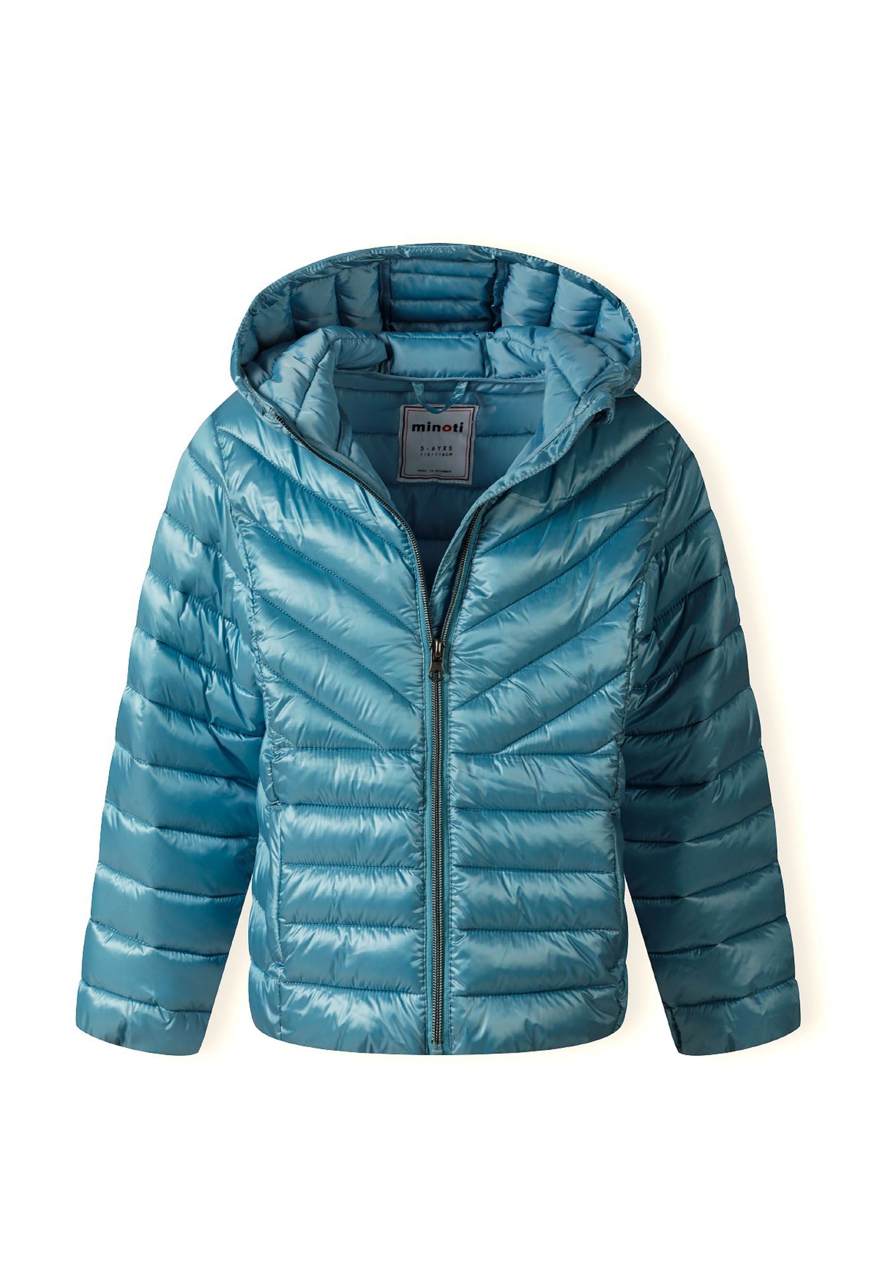 Girls quilted hooded jacket in turquoise, front view with zip fastening and two pockets.