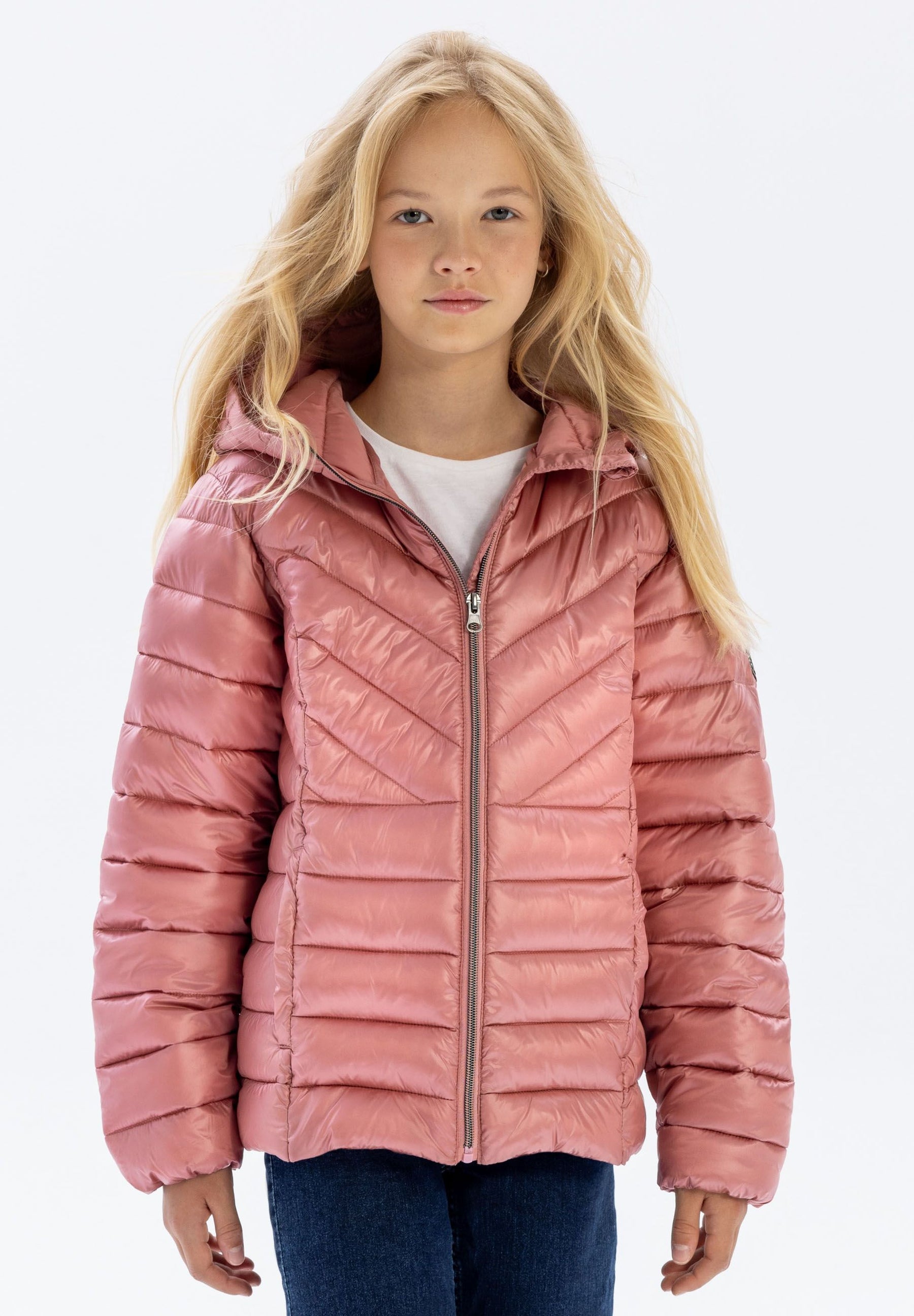 Girls quilted hooded jacket in pink, front view with zip fastening and heart-shaped badge.