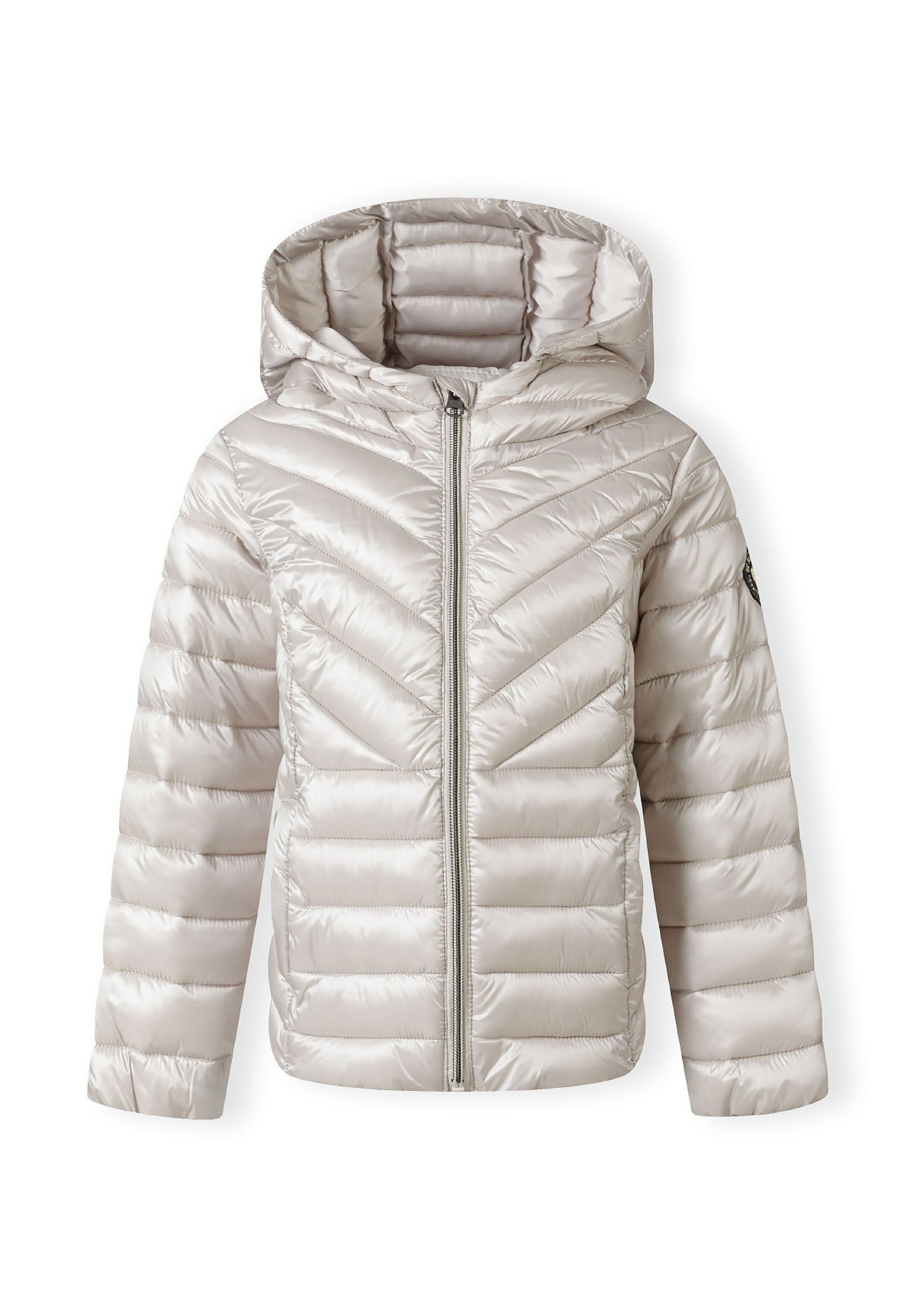 Girls quilted jacket with hood, front view, features zip fastening and heart badge.