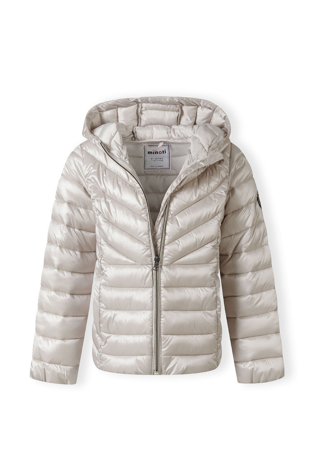 The light grey puffer jacket shown open to reveal the inside.