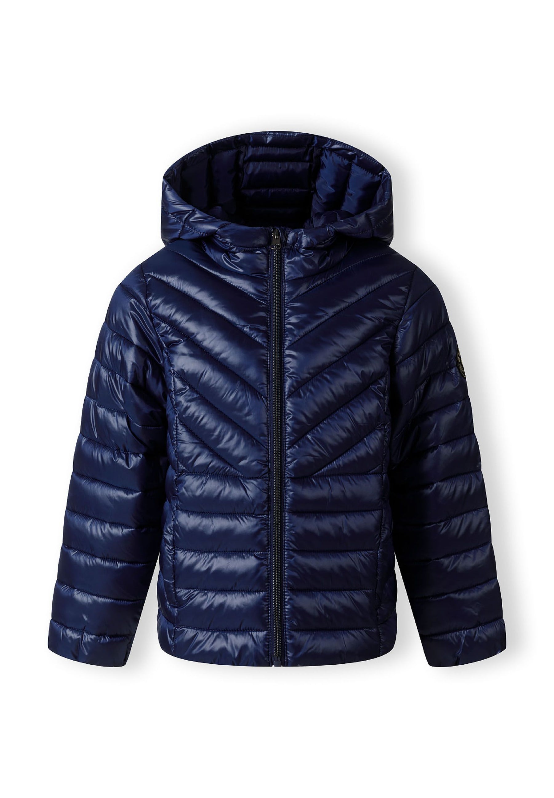 Girls quilted hooded jacket in navy, front view with zip and heart badge.
