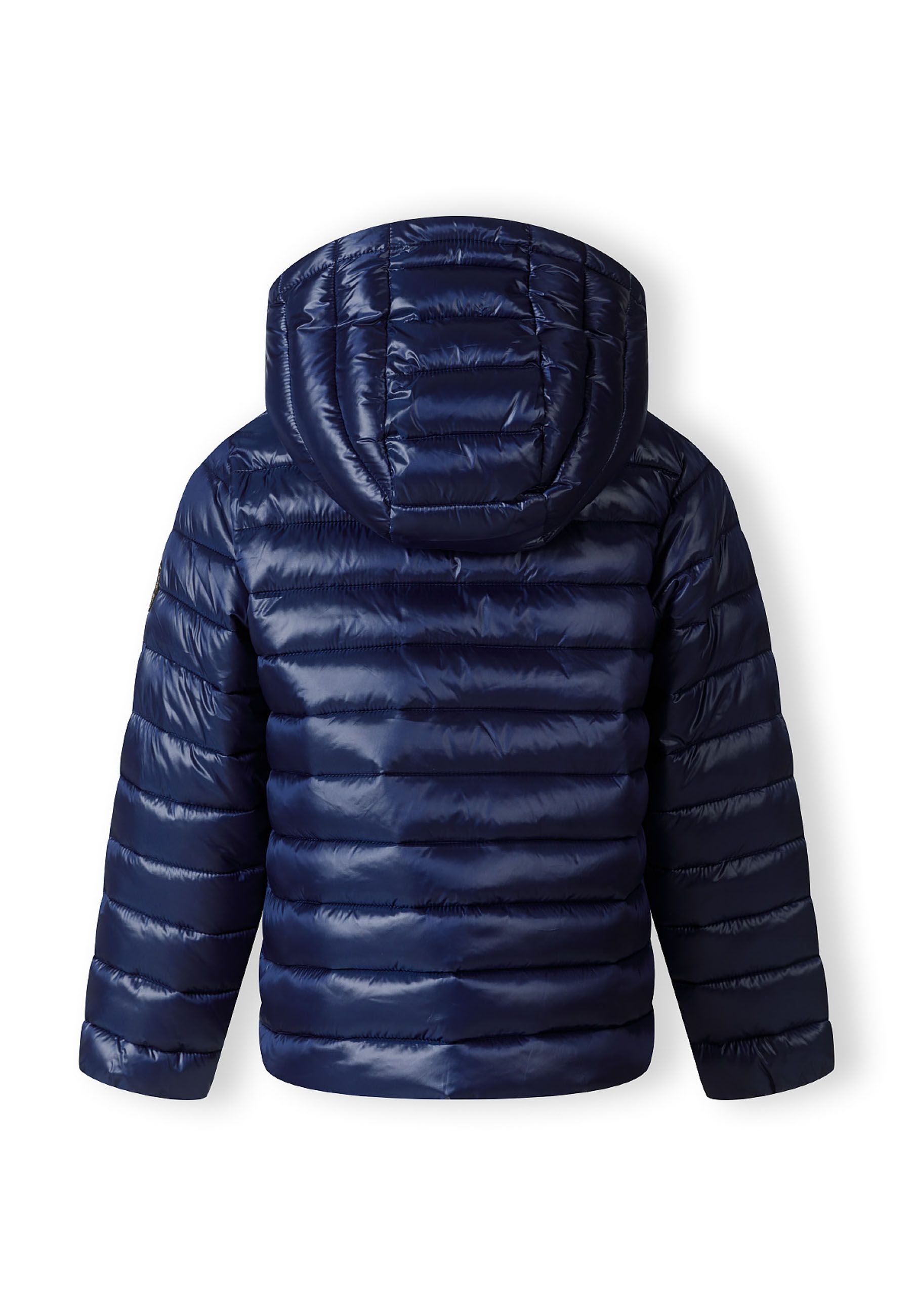 Back view of a girls quilted hooded jacket in navy with a fixed hood and soft padding.