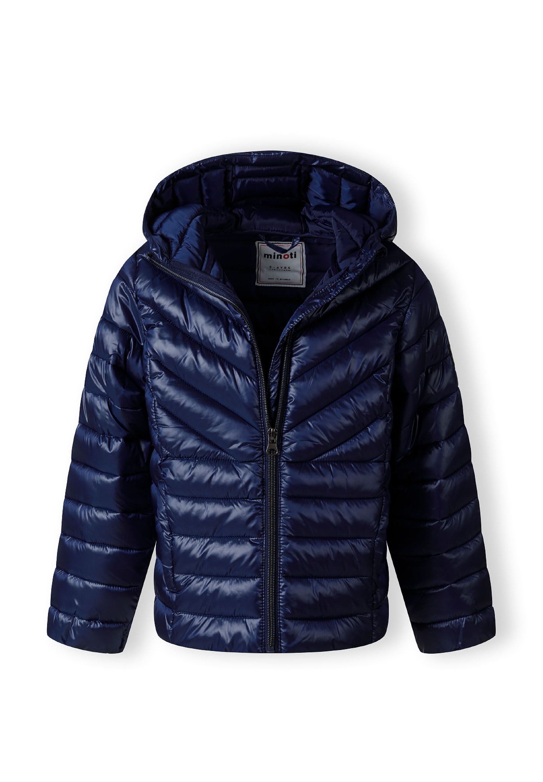 Girls quilted hooded jacket, navy, front view with zip and soft padding.
