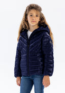 Girls quilted navy hooded jacket, front view with zip and heart badge.