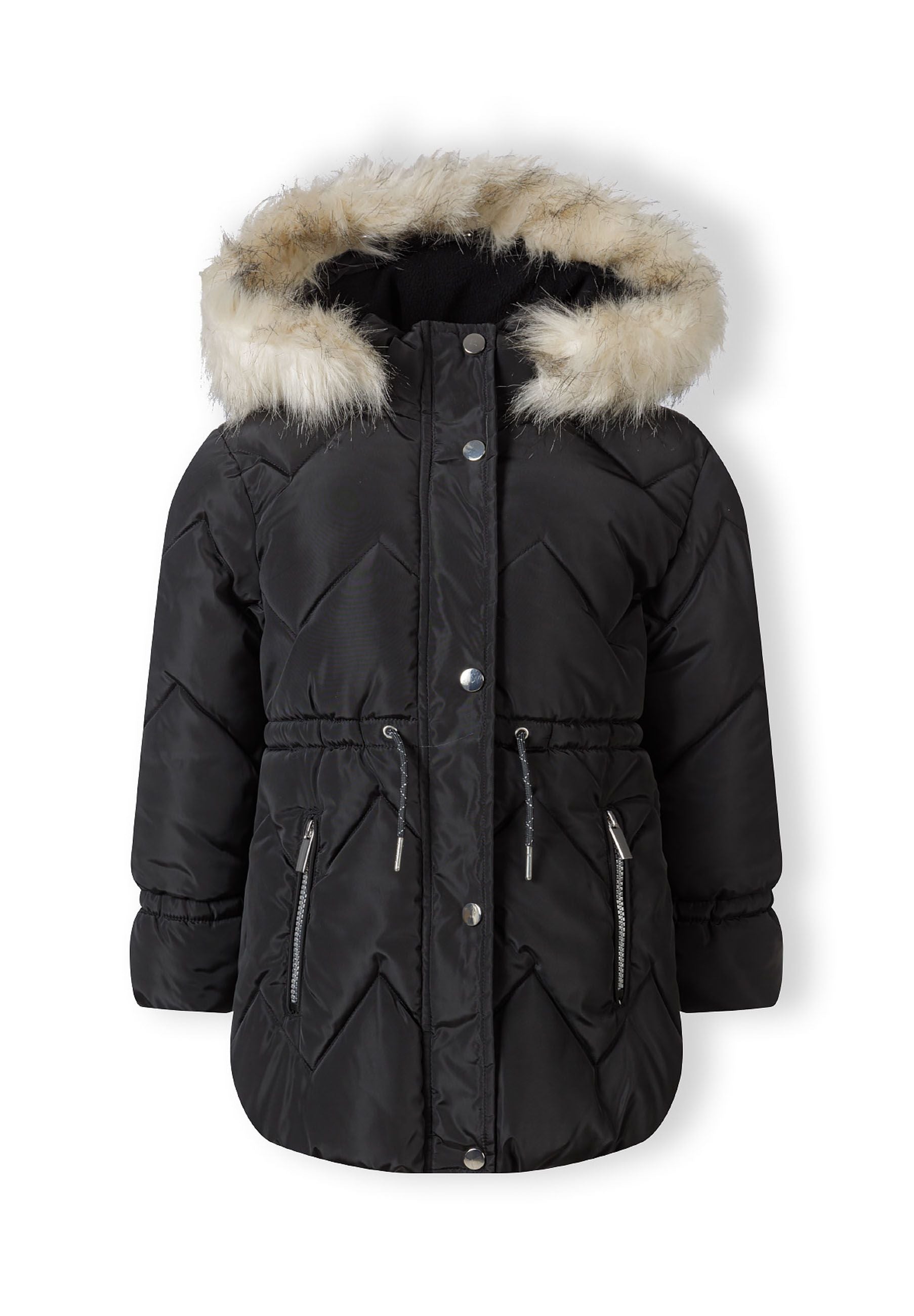 Girls mid-length quilted winter jacket, black, front view with faux fur hood and zippered pockets.