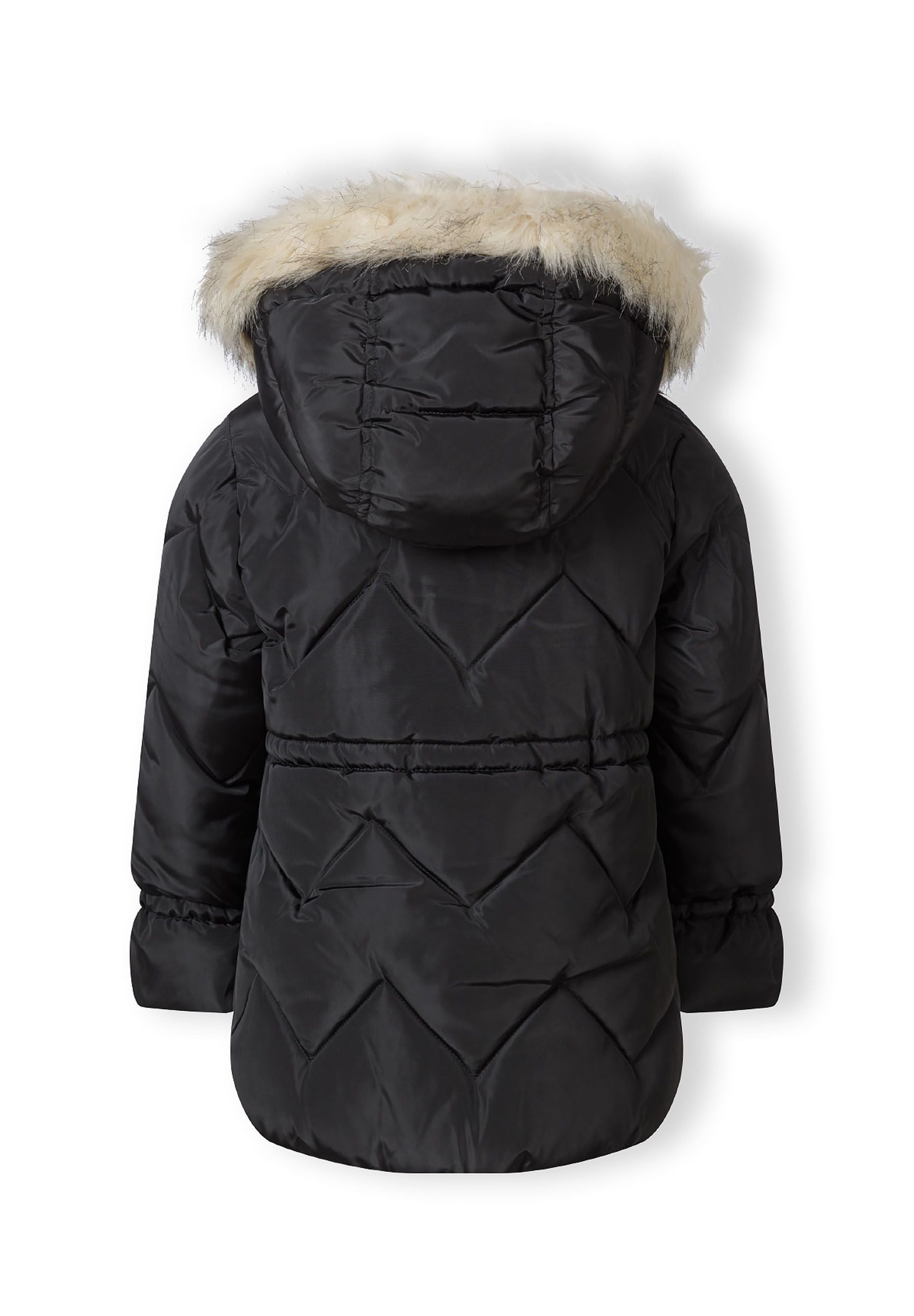 Back view of a girls mid-length black quilted winter jacket with faux fur hood.
