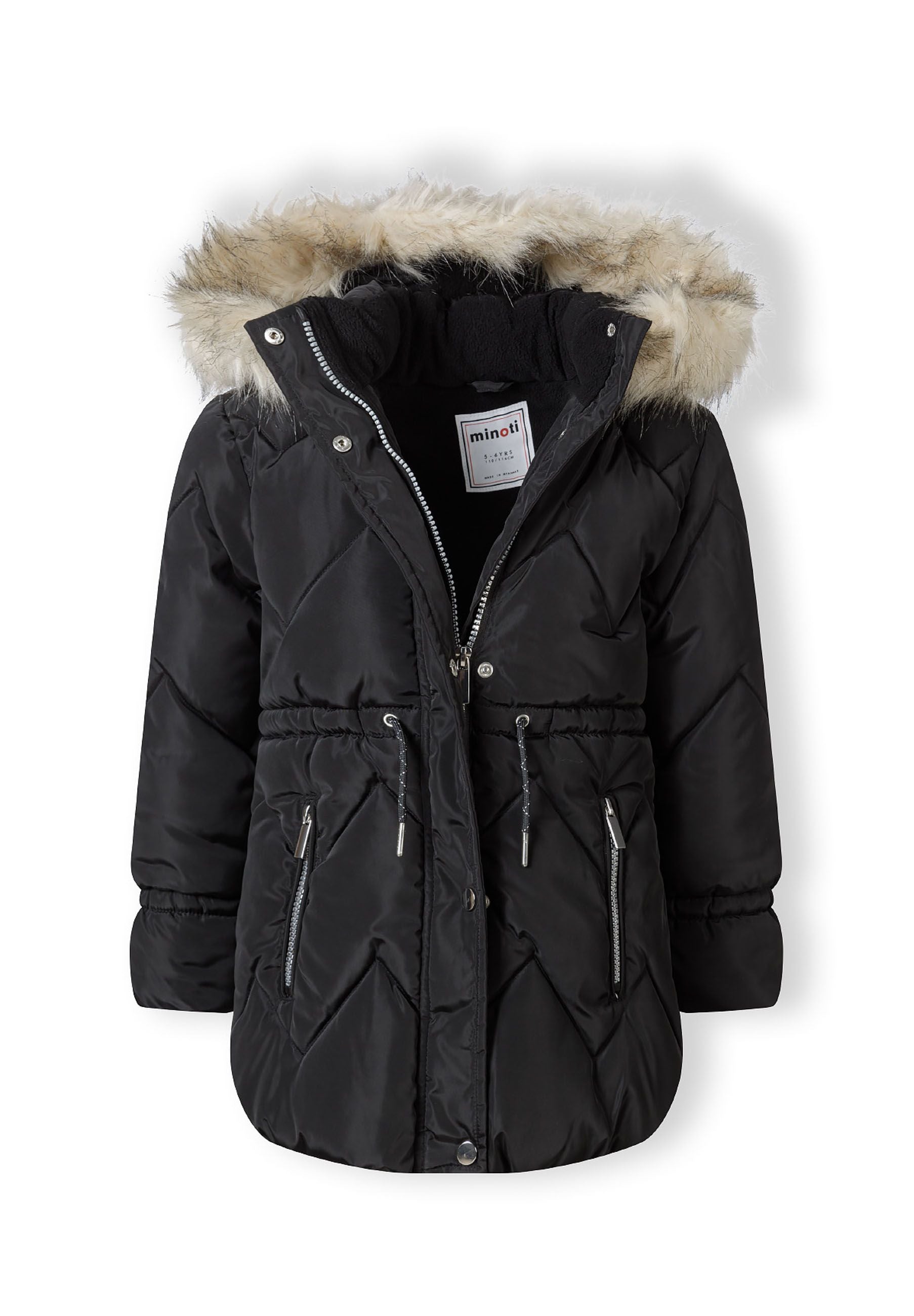 Girls mid-length quilted winter jacket with faux fur hood, front view, features zippered pockets and drawstring waist.