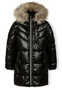 Girls winter coat in shiny black with detachable faux fur hood, front zip, and flap pockets.