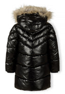 Girls winter coat in shiny black, back view with detachable faux fur hood and quilted design.