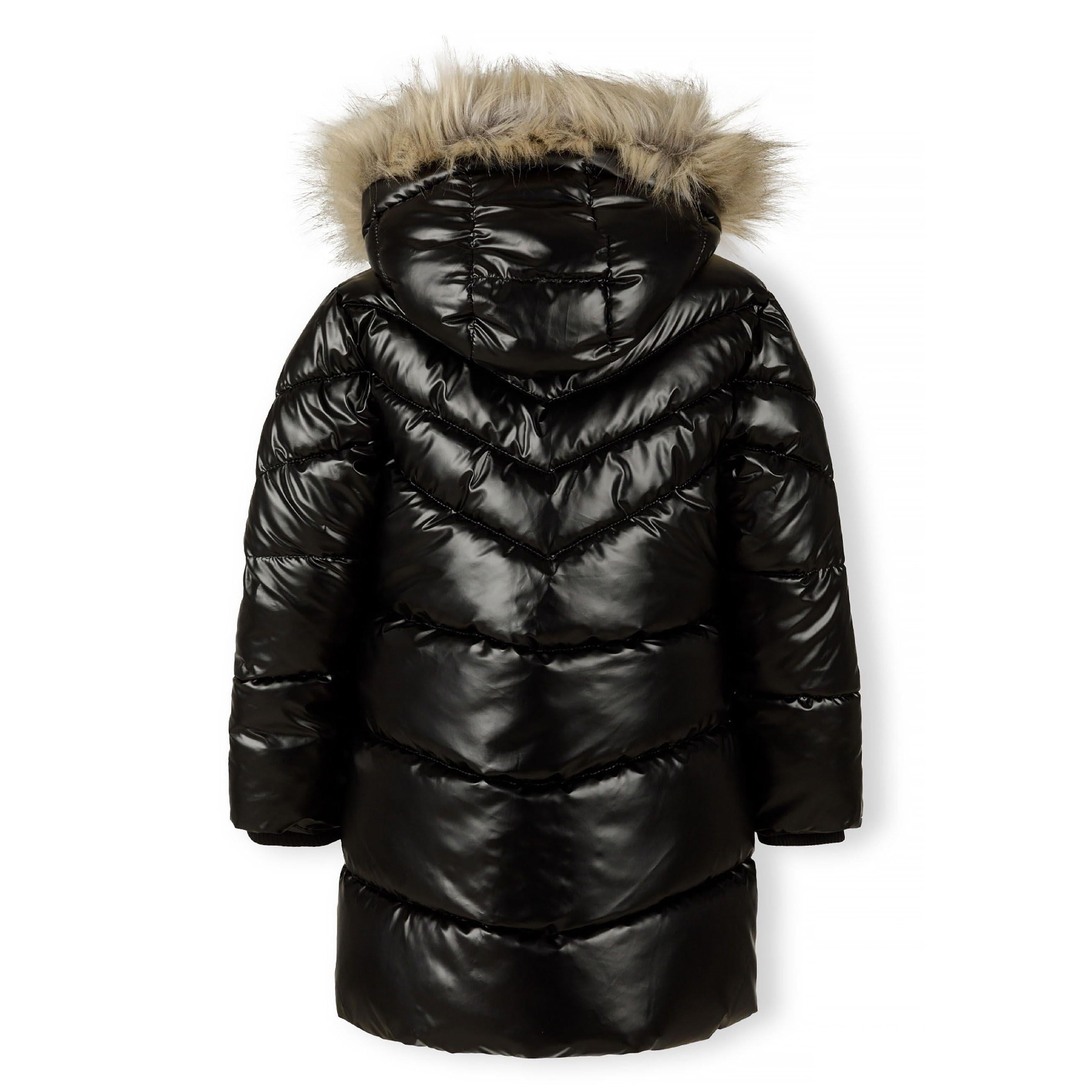 Close-up detail of black quilted parka showing chest pocket with snap closure and quilted texture against white background