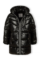 Girls winter coat in shiny black, front view with hood, zip and flap pockets.