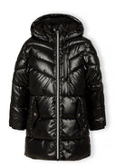 Girls black winter coat, front view, featuring a hood, zip pocket, and snap flap pockets.