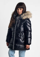 Girls winter coat in shiny black, featuring a detachable faux fur hood and zip pockets.