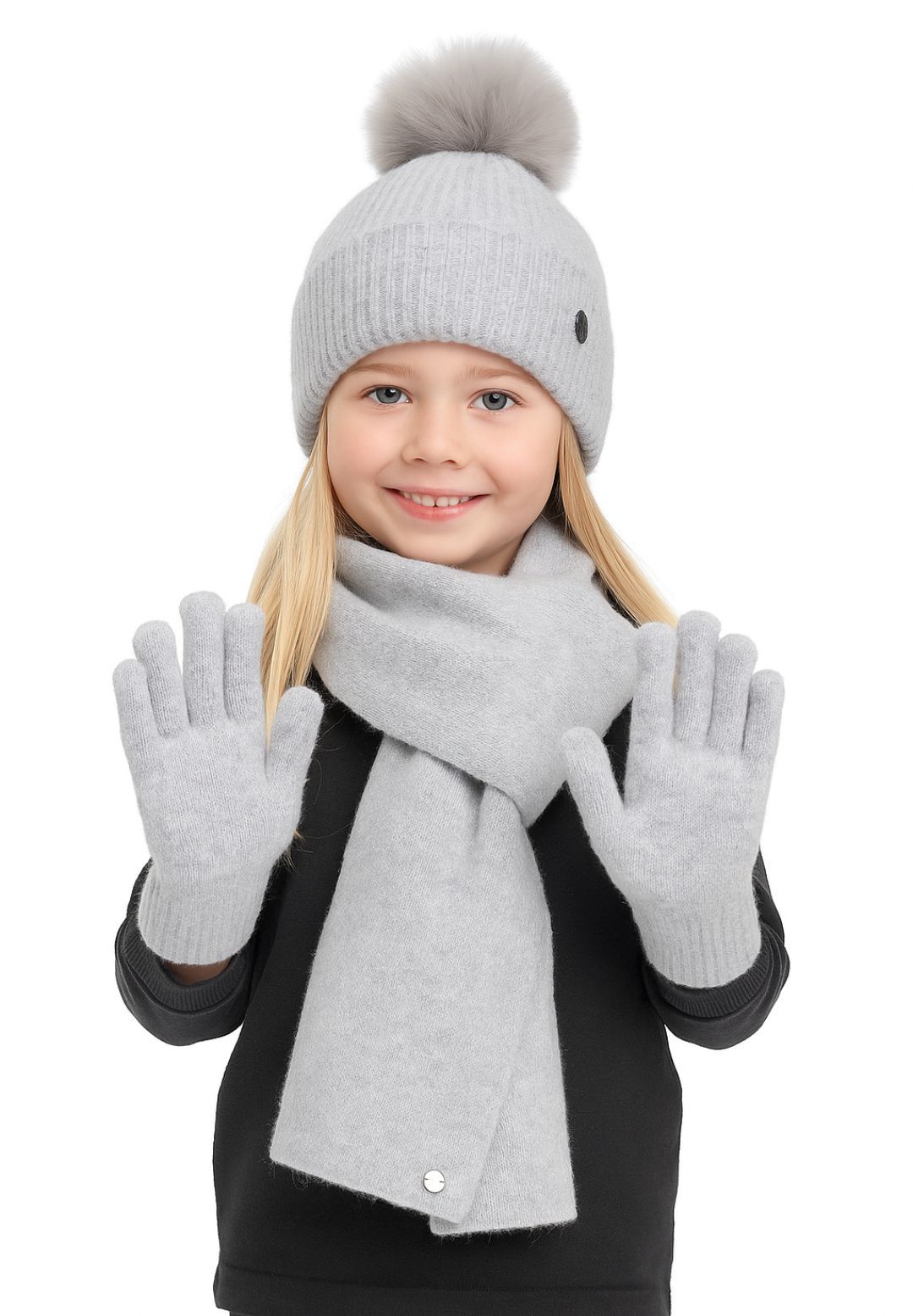 Girls 3-piece winter set in grey, featuring a ribbed knit hat with pompom, scarf, and gloves.