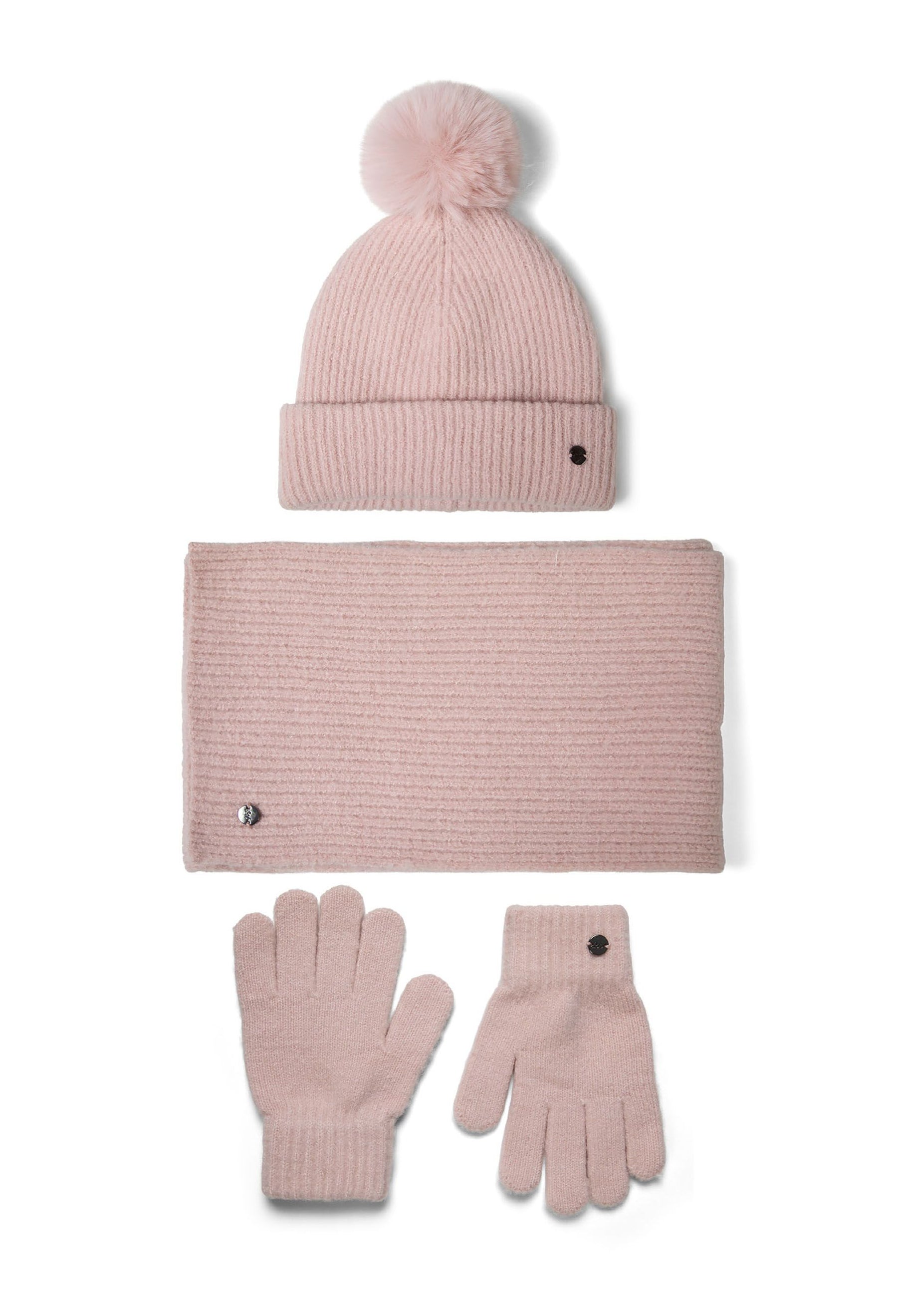 Girls 3-piece winter set including a ribbed knit hat with pompom, scarf, and gloves in pink.