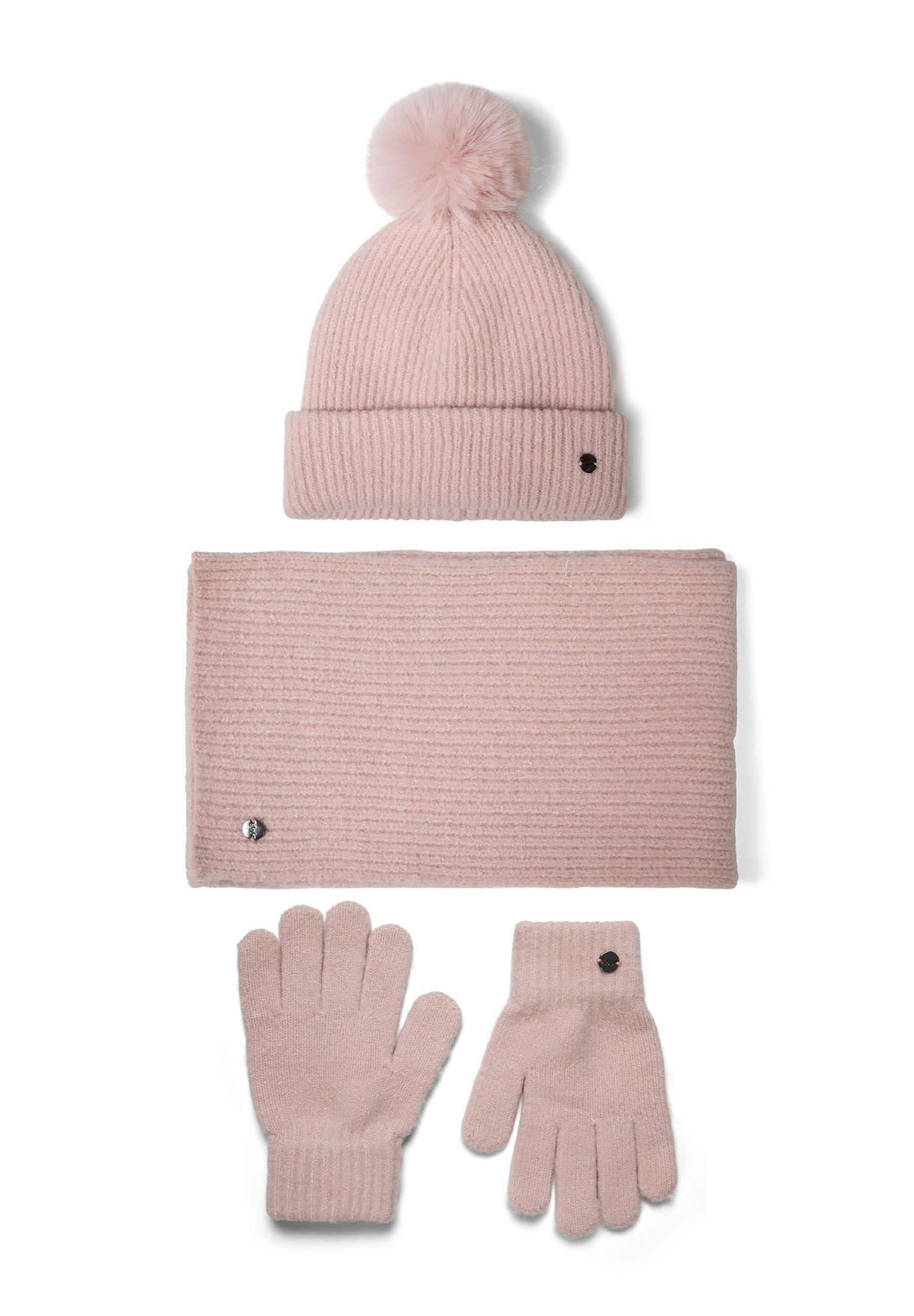 Girls 3-piece winter set including a ribbed knit hat with pompom, scarf, and gloves in pink.