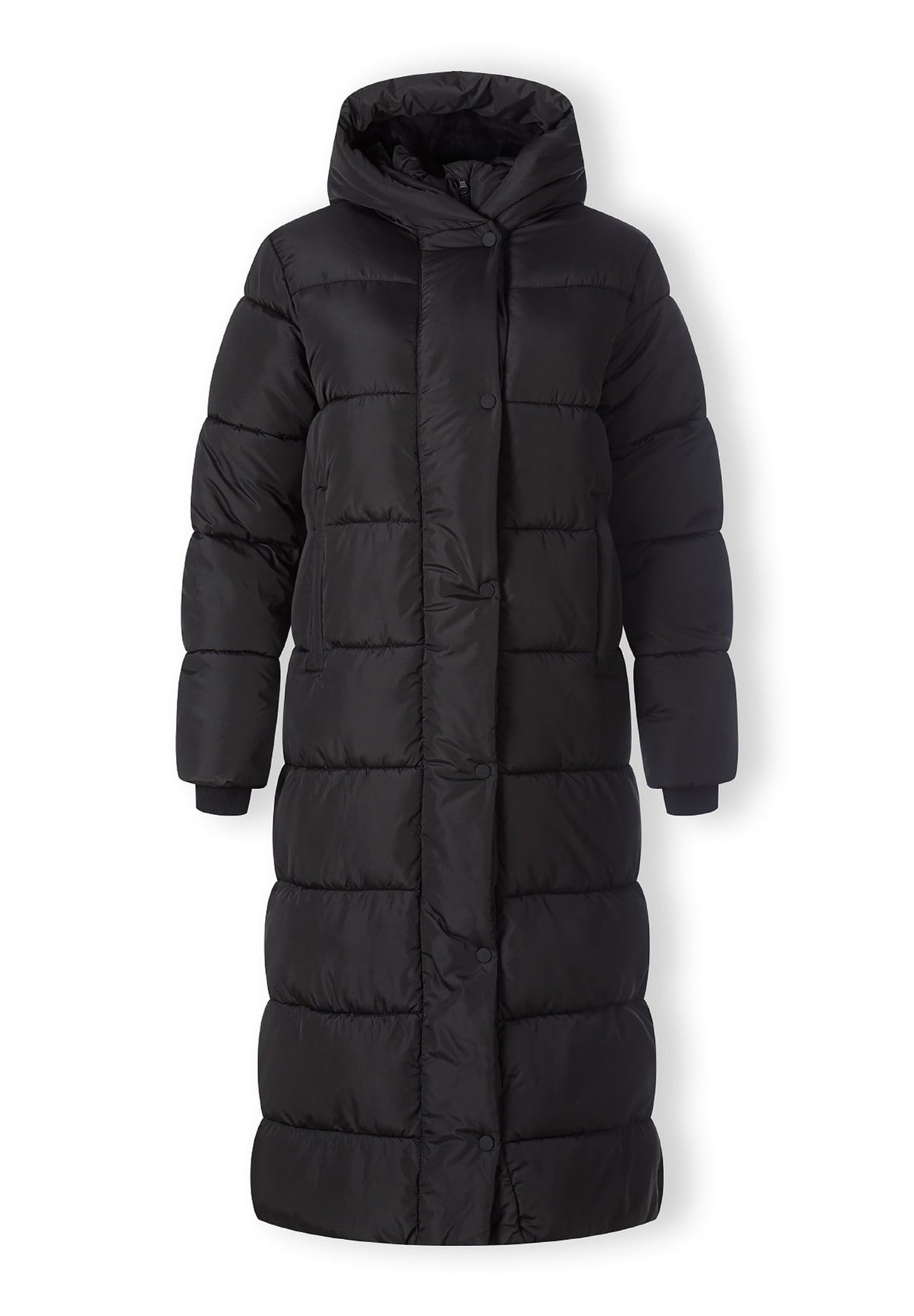 Front of a black long puffer coat.