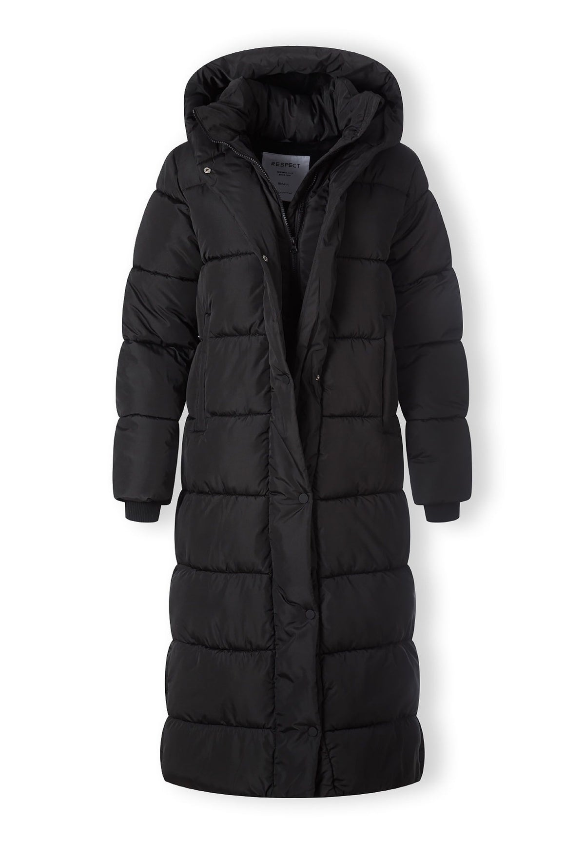 The black long puffer coat shown open to reveal the inside.