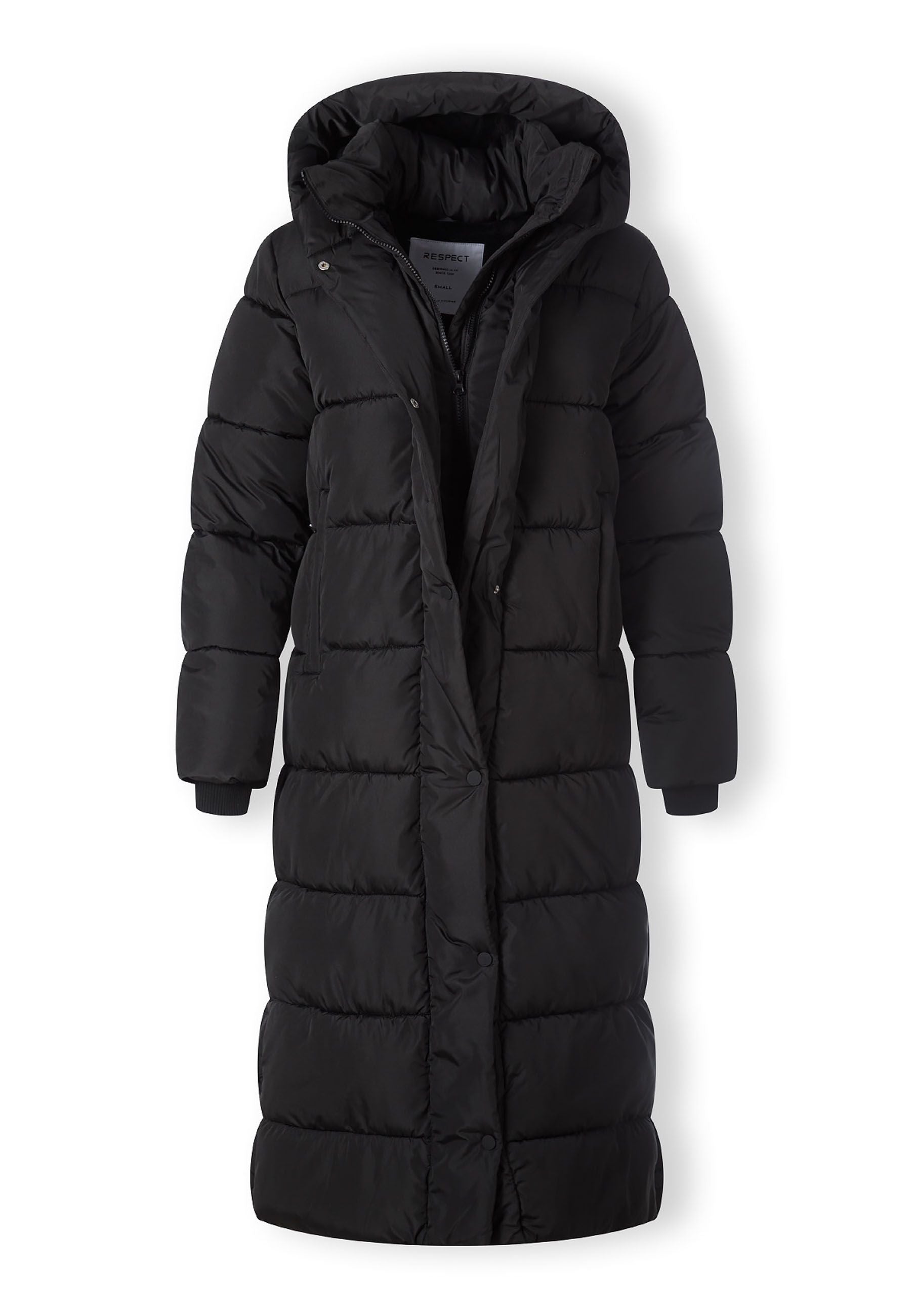 Long black padded winter coat with hood and zip pockets, front view.