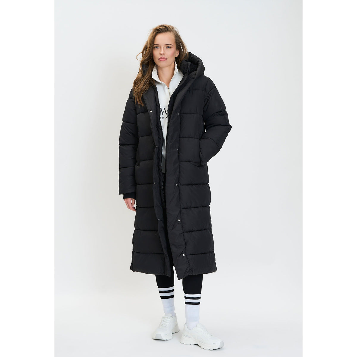 Women's long puffer coat in black — complete product view for square Shop card