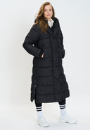 Długa pikowana kurtka zimowa z kapturem i kieszeniami na suwak