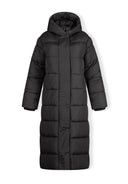 Długa pikowana kurtka zimowa z kapturem i kieszeniami na suwak