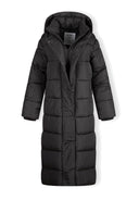 Długa pikowana kurtka zimowa z kapturem i kieszeniami na suwak