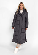 Długa pikowana kurtka zimowa z kapturem i kieszeniami na suwak