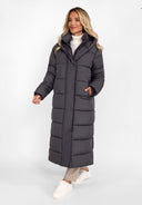 Długa pikowana kurtka zimowa z kapturem i kieszeniami na suwak