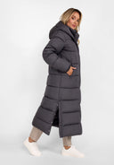 Długa pikowana kurtka zimowa z kapturem i kieszeniami na suwak