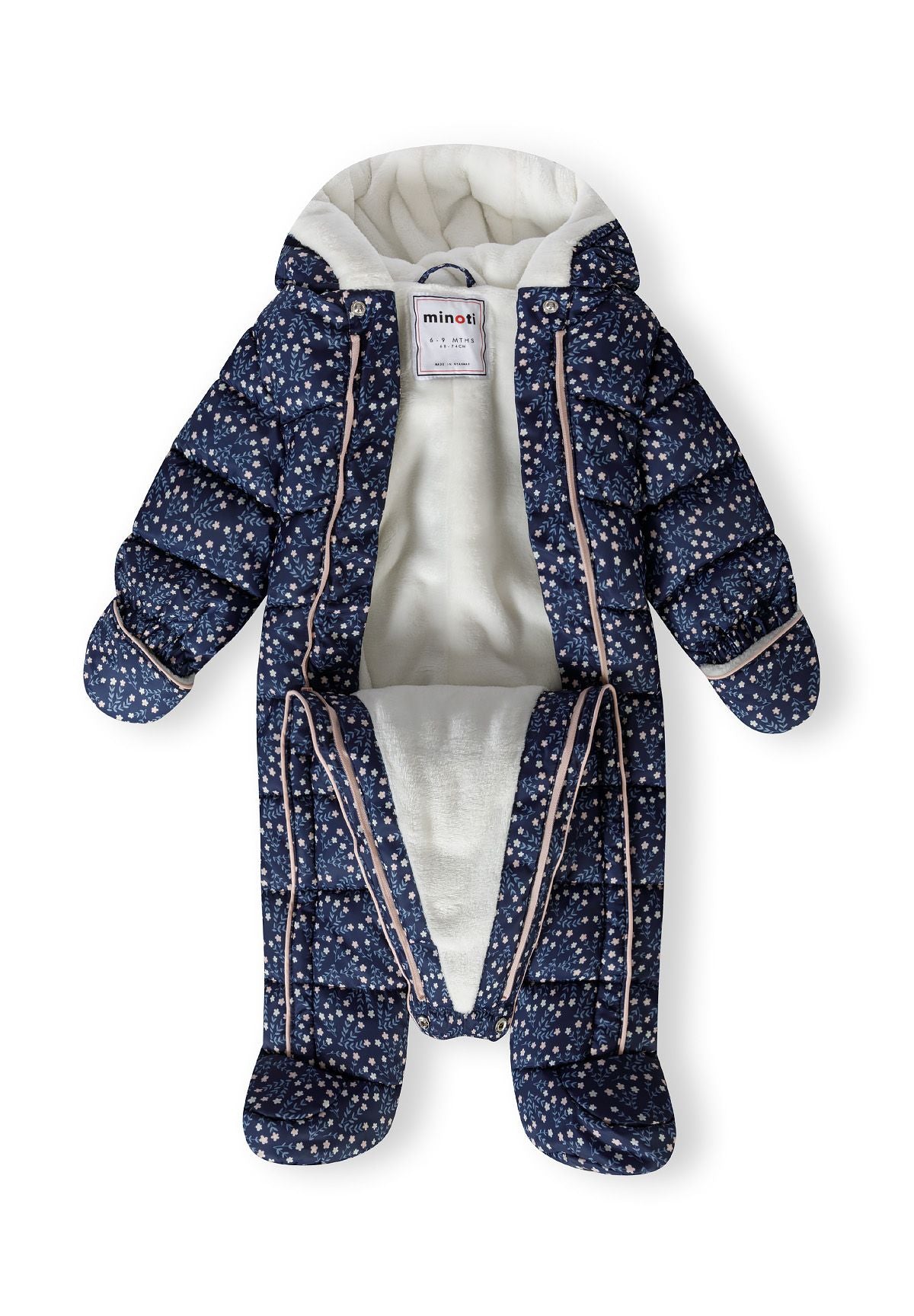 Navy padded pramsuit, open front lining.