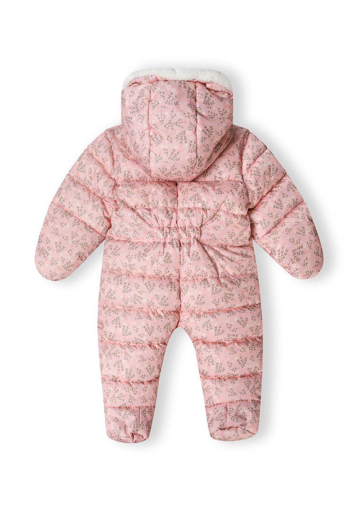 Back view of a light pink girls baby snowsuit with a hood and double zip.