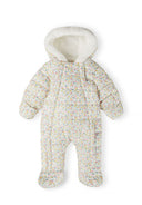 Girls baby snowsuit in cream with floral pattern, front view, features a hood and double zip.