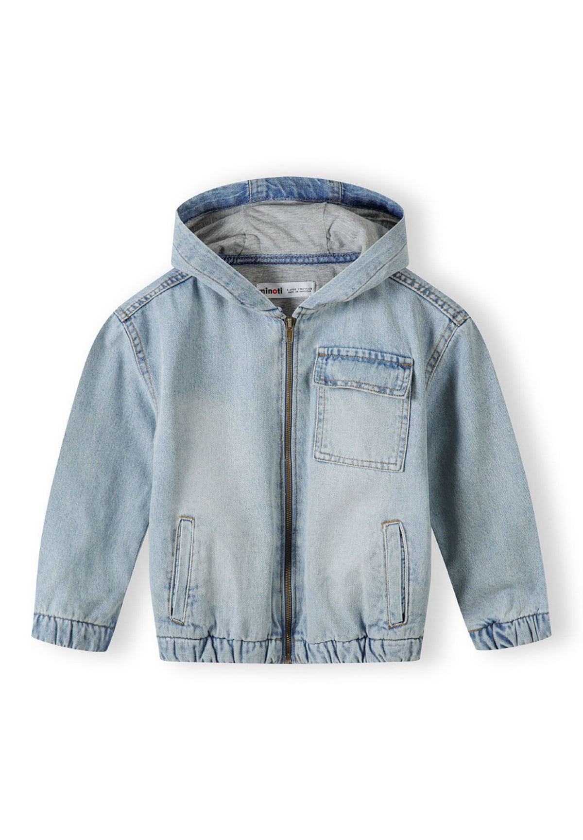Front of a light blue hooded denim jacket.