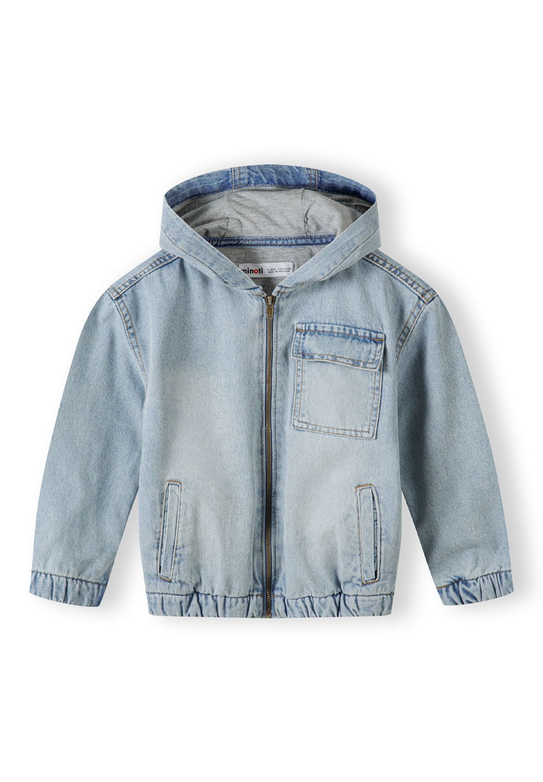 Boys light blue denim jacket with hood, front zip fastening, and two pockets.