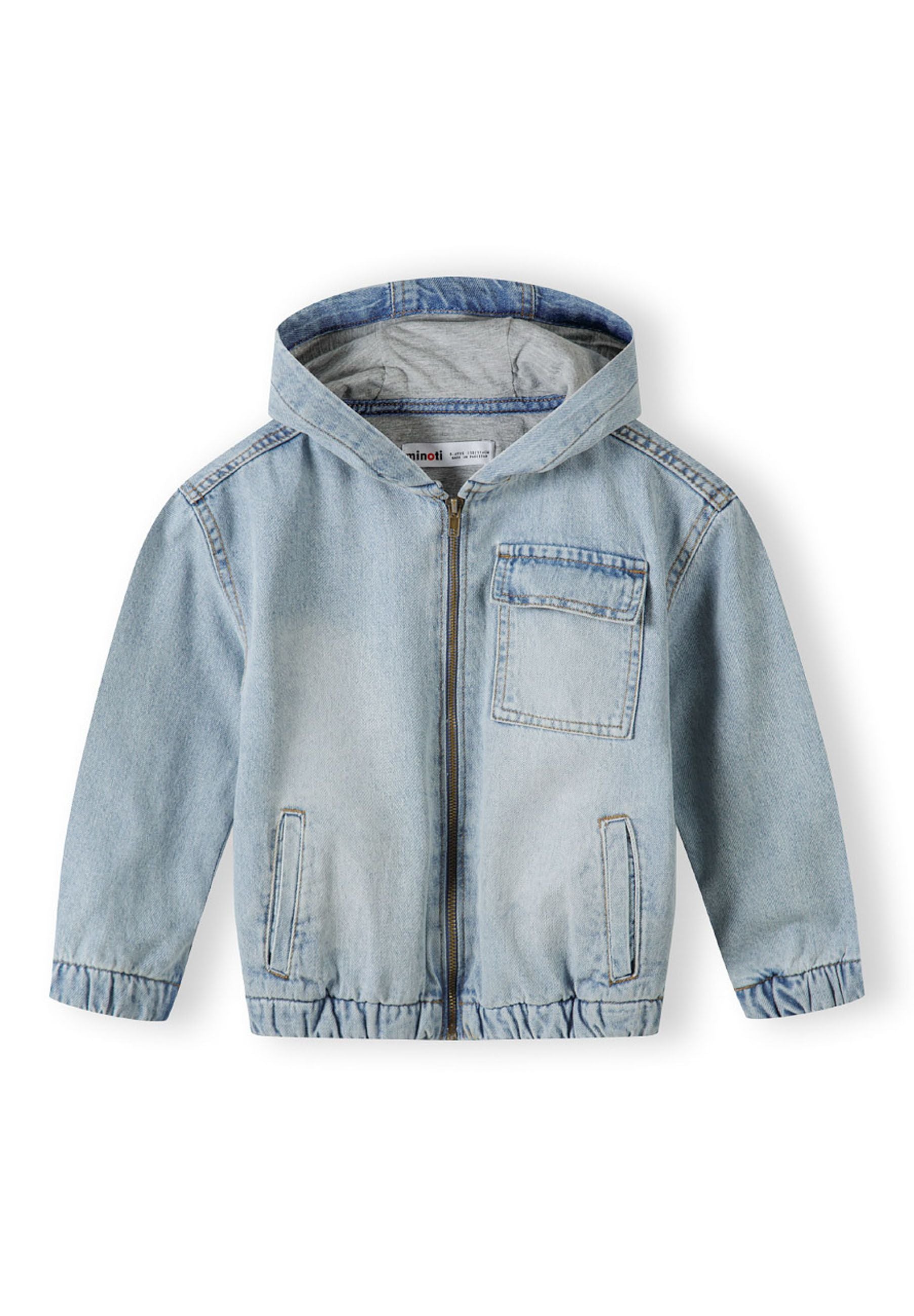 Boys light blue denim jacket with hood, front zip fastening, and two pockets.