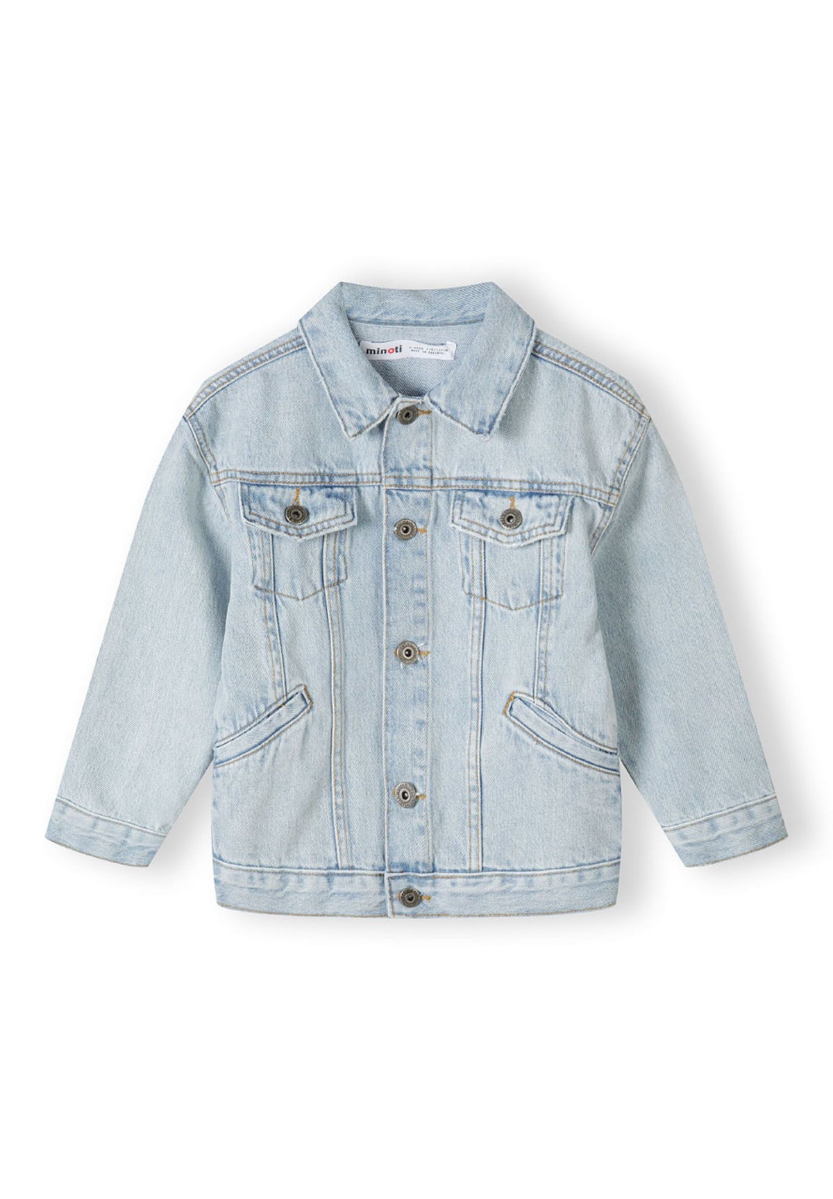 Front of a light blue denim jacket.