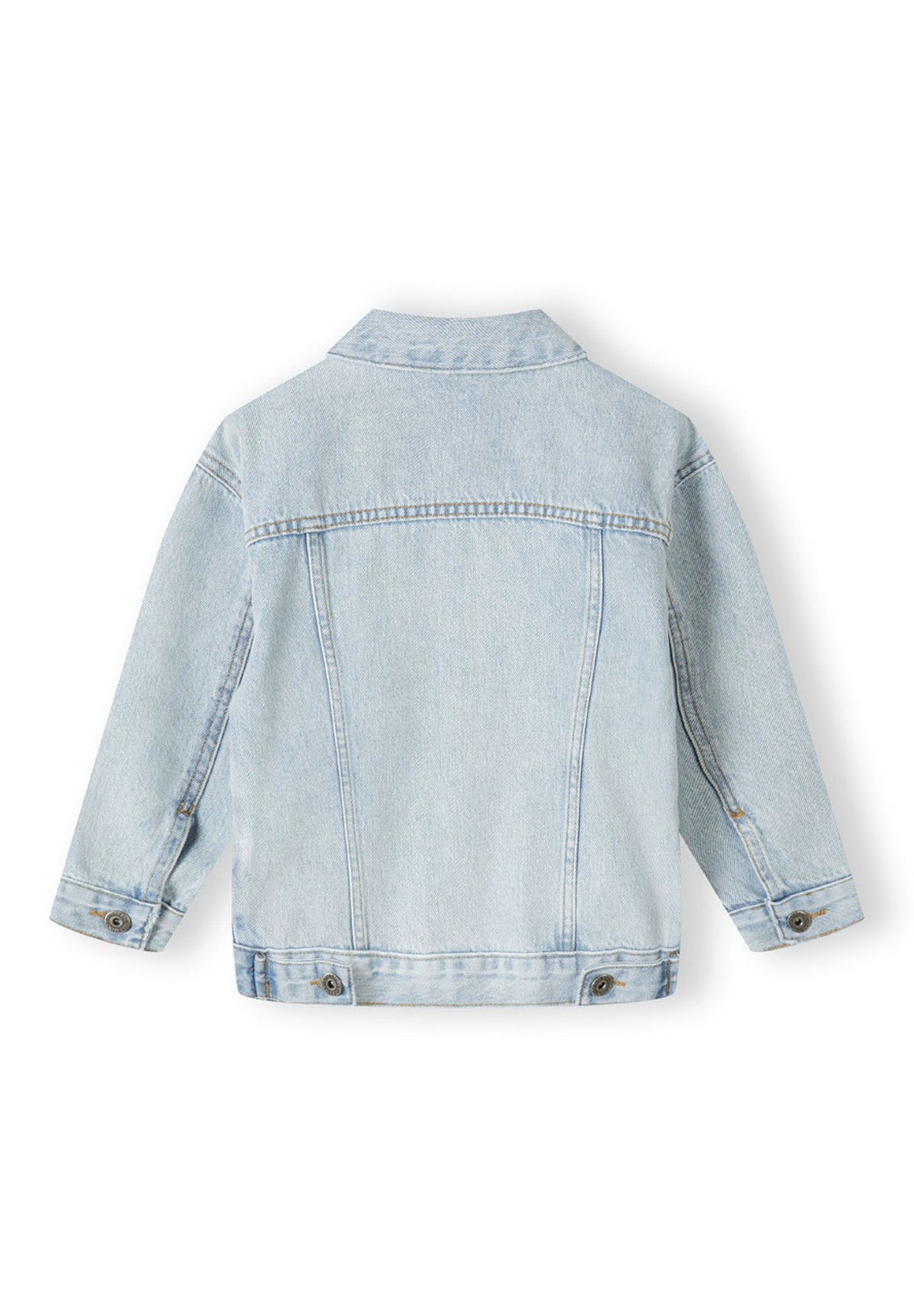 Back of a light blue denim jacket.