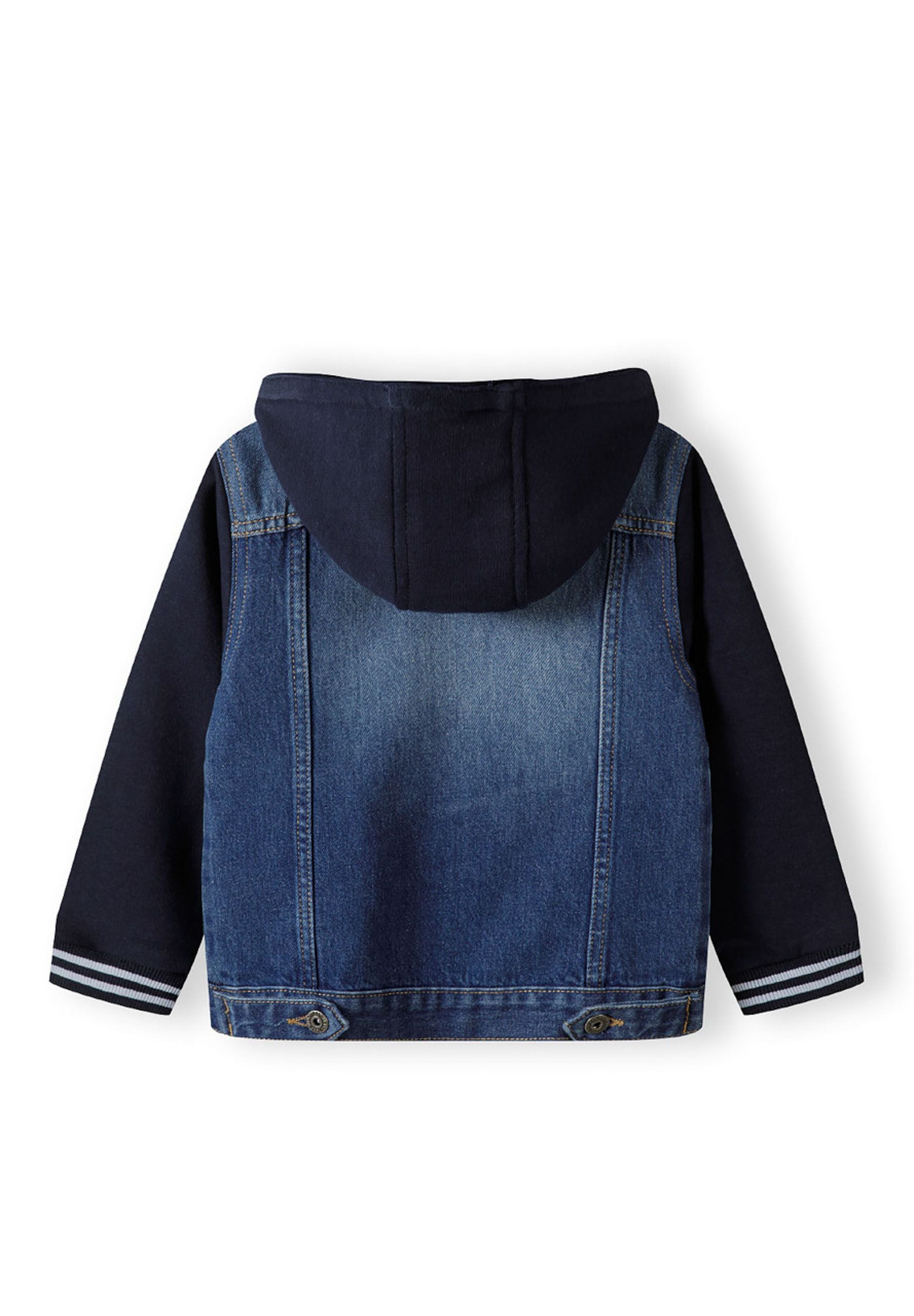Boys denim jacket with detachable hood, back view, featuring fleece sleeves and ribbed cuffs.