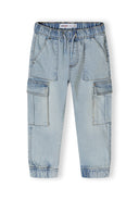 Light blue denim jogger cargo jeans with elasticated waist and multiple pockets.