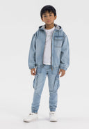 Boys light blue denim jogger cargo jeans, front view, featuring elasticated waist and multiple pockets.