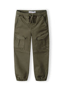 Boys khaki knitted cargo trousers with elastic waistband and side pockets, front view.