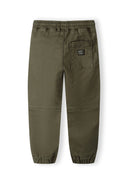 Boys' khaki cargo trousers, back view, featuring elastic waistband and pocket.