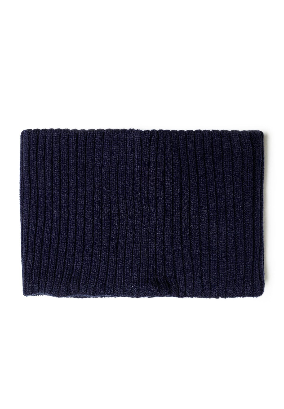 Navy loop snood laid flat to show vertical ribbed knit across its width.