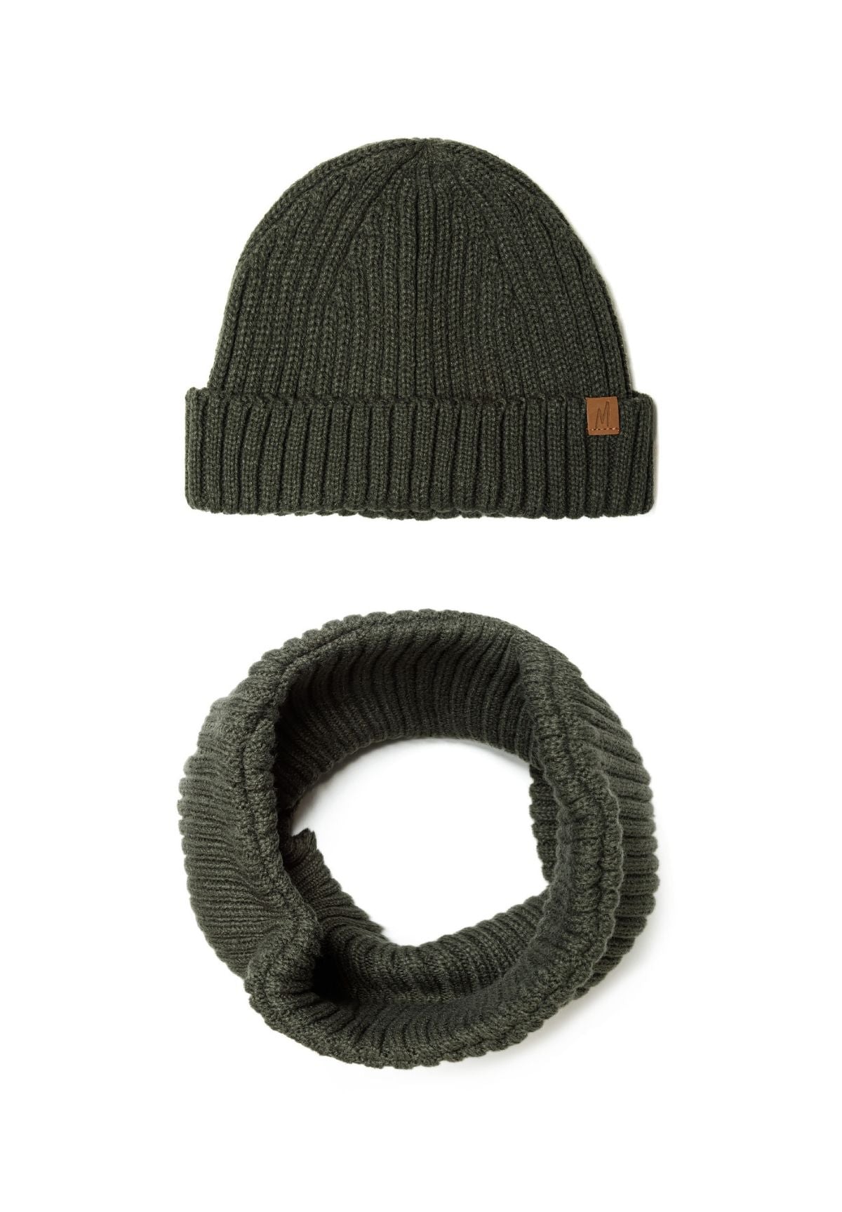 Olive khaki beanie with folded brim above matching circular ribbed snood.