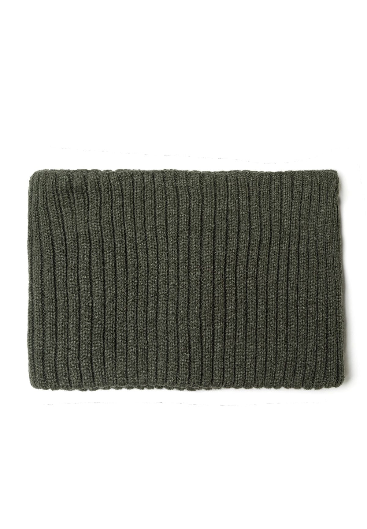 Olive khaki snood folded flat into a broad ribbed knit band.