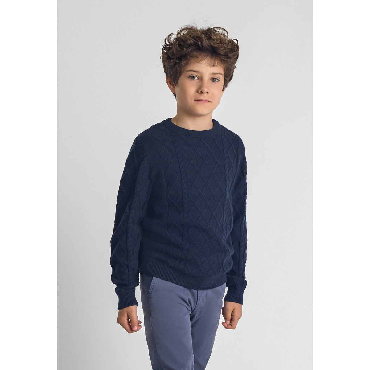 Boys' cable knit jumper in navy — complete product view for square Shop card
