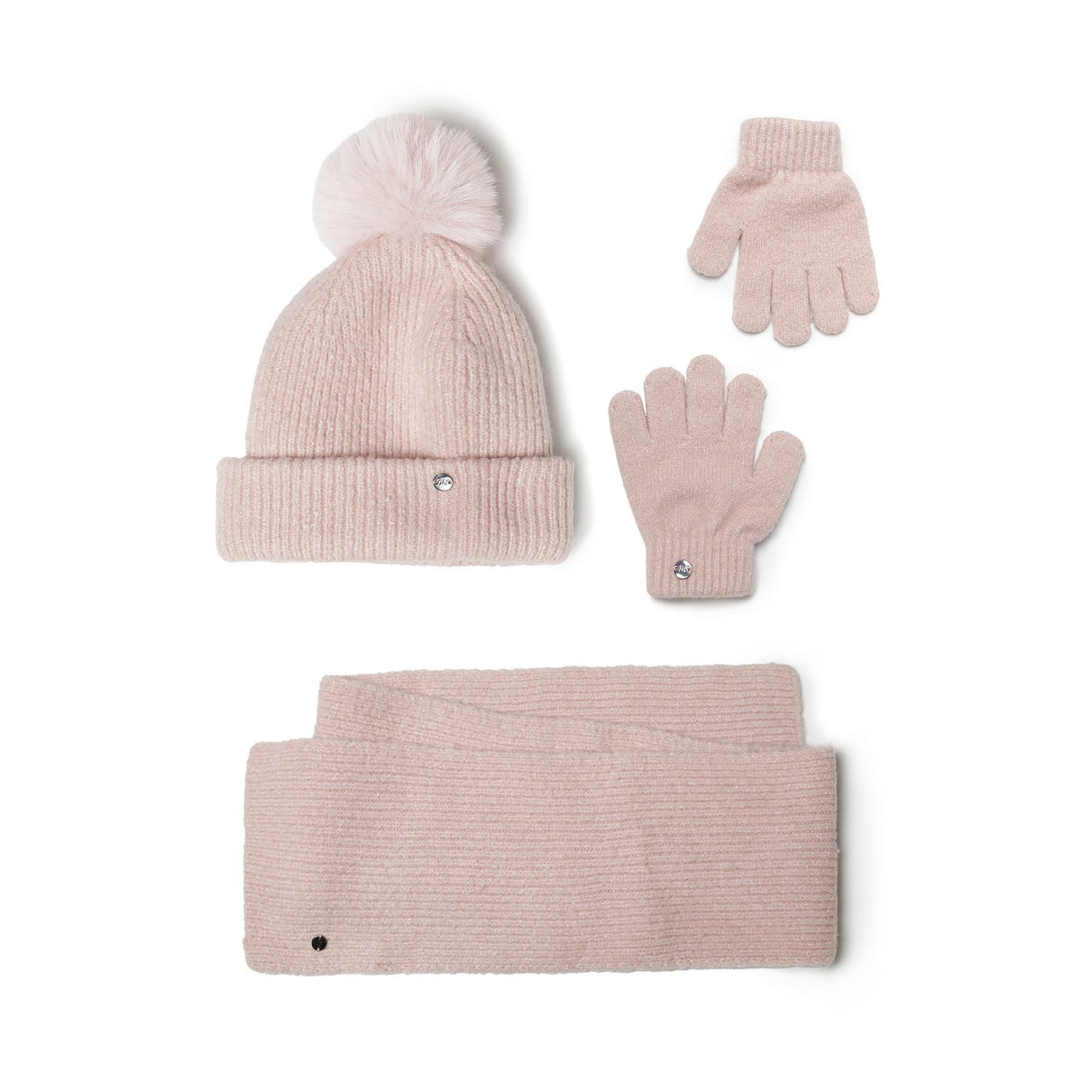 Girls' hat, scarf and gloves set in light pink — complete product view for square Shop card