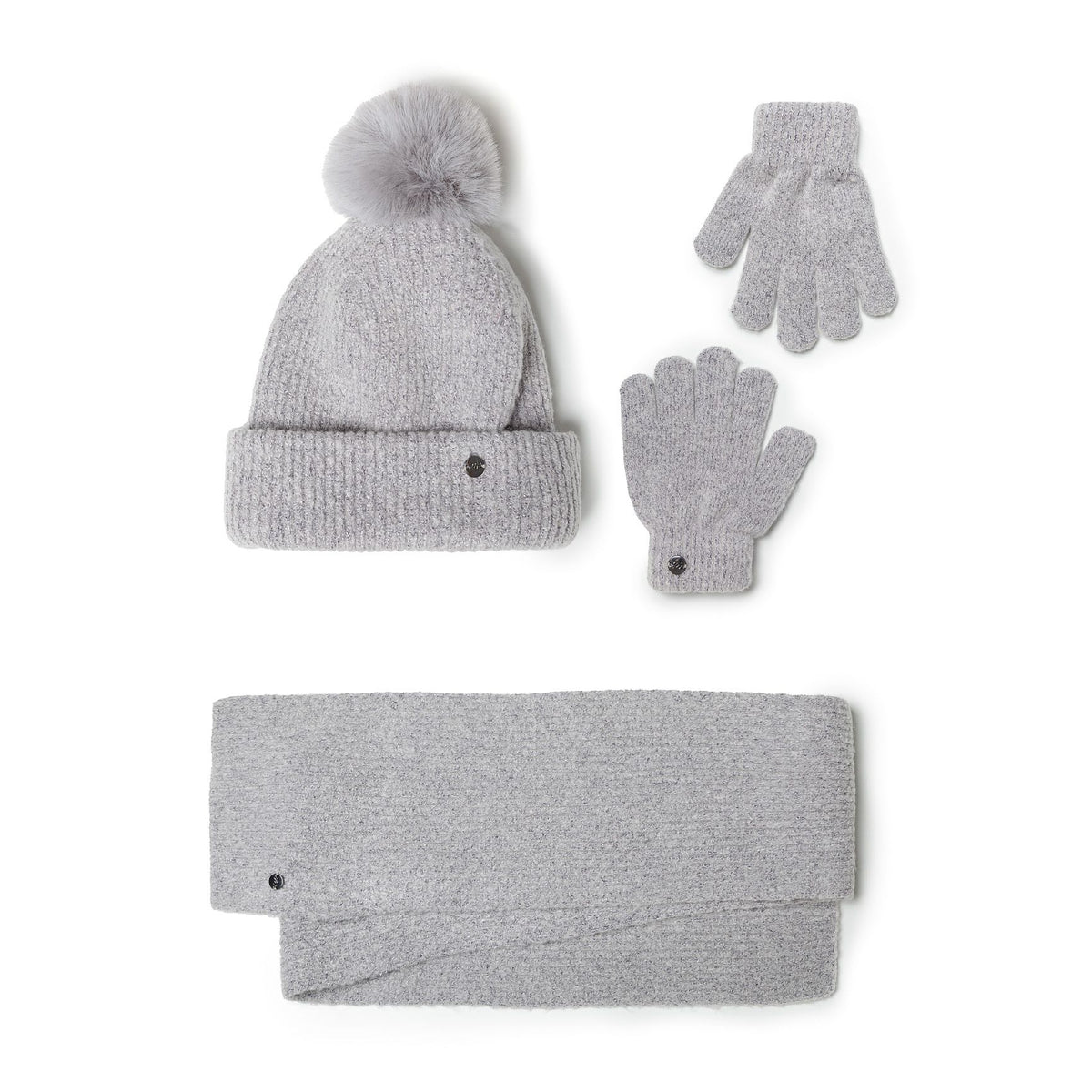 Girls' hat, scarf and gloves set in grey marl — complete product view for square Shop card