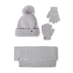Ensemble bonnet, écharpe et gants fille gris avec pompon en fausse fourrure